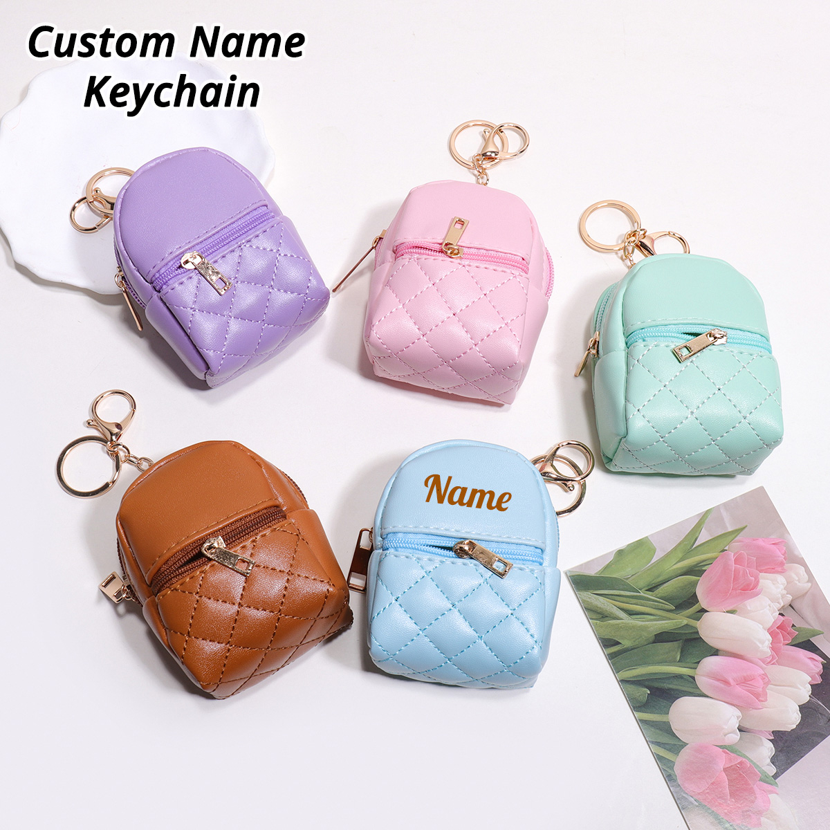 Leather Card Wallet - 미니 맞춤 이름 키체인 동전 지갑